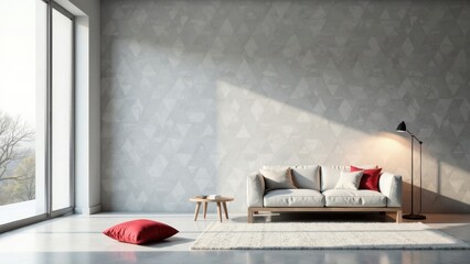 Modern minimalist living room interior design featuring a light-colored sofa, geometric patterned wall, and large window showcasing a tranquil outdoor view