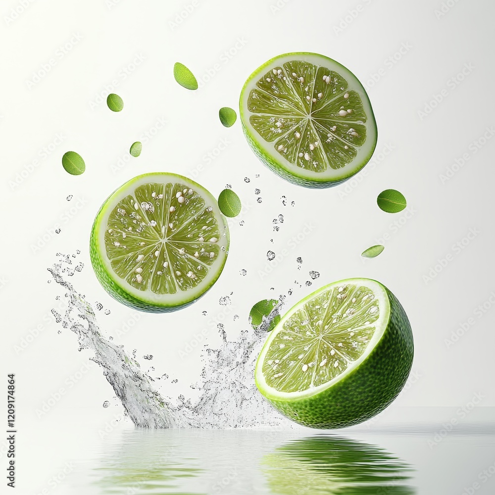 Poster three lime slices splashing into water.