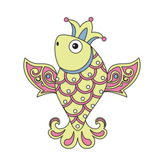 Fairy tale fish with crown on head. Twisted ornament. Vector illustration