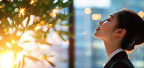 Focused and poised Asian woman with clean composition, perfect for corporate branding, educational content, or editorial design