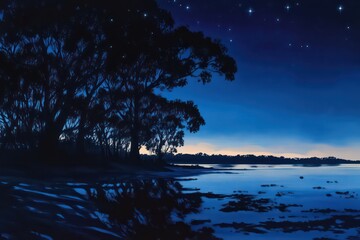 Fototapeta na wymiar A serene night landscape showing the glowing shoreline of Jervis Bay, with silhouettes of trees in the background.