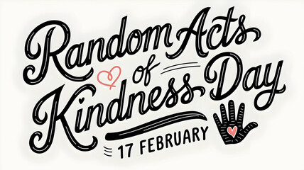 Random acts of kindness day hand-drawn calligraphy lettering. 17 February world altruistic holiday event greeting card decoration graphic element. Black words on white background