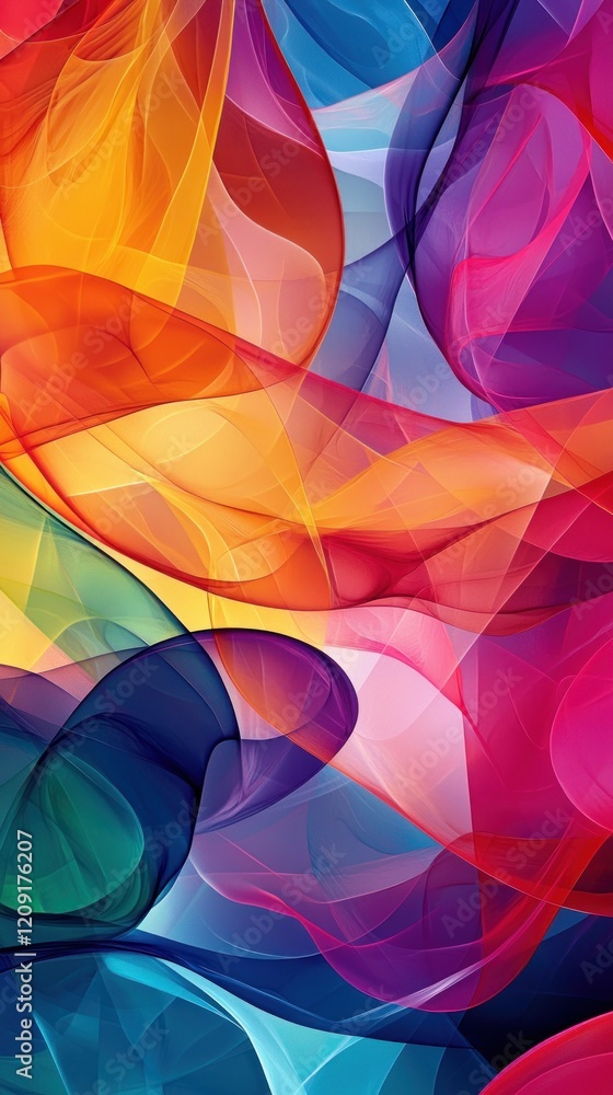 Poster a vibrant, abstract design of overlapping translucent shapes in bold, saturated colors, creating a d
