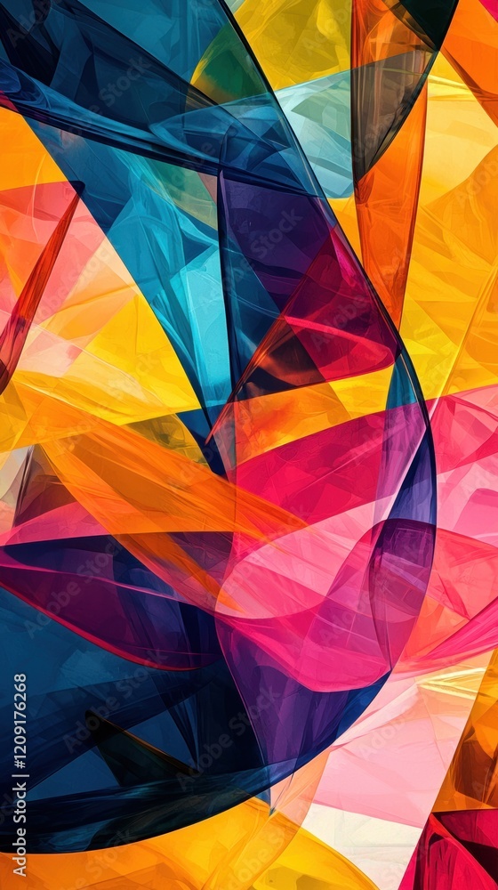 Poster a vibrant, abstract design of overlapping translucent shapes in bold, saturated colors, creating a d