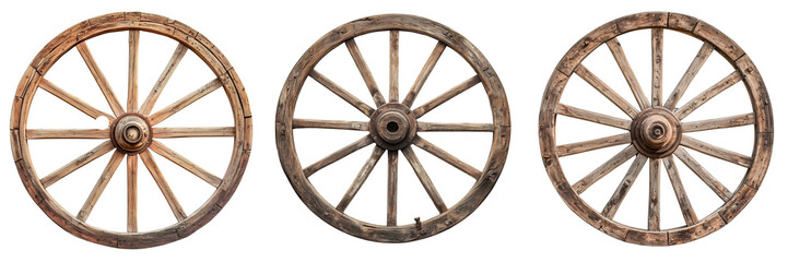 Set of Close-up shot of a vintage wooden cart wheel isolate on transparent png background