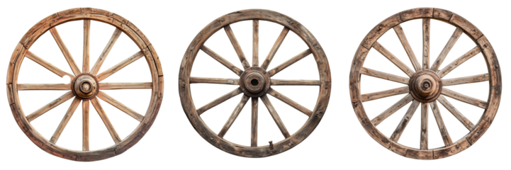 Set of Close-up shot of a vintage wooden cart wheel isolate on transparent png background