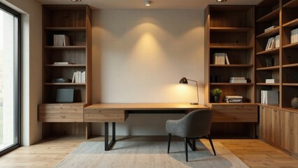 Modern minimalist home office with wooden desk and built-in shelving units providing ample storage space