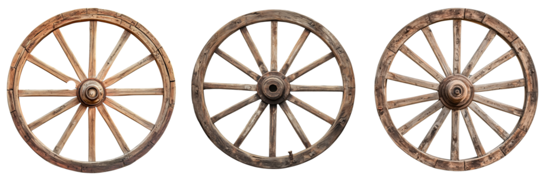 Set of Close-up shot of a vintage wooden cart wheel isolate on transparent png background