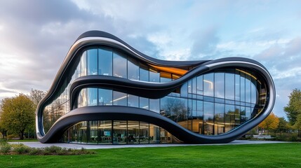 Fototapeta premium Modern Architectural Marvel with Unique Curved Design and Glass Facade