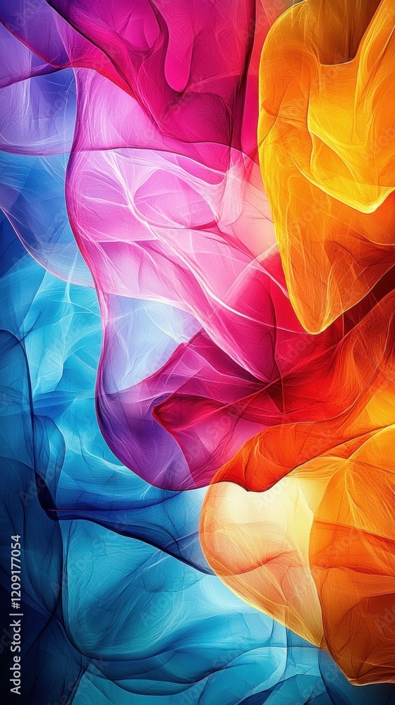 Poster a vibrant, abstract design of overlapping translucent shapes in bold, saturated colors, creating a d