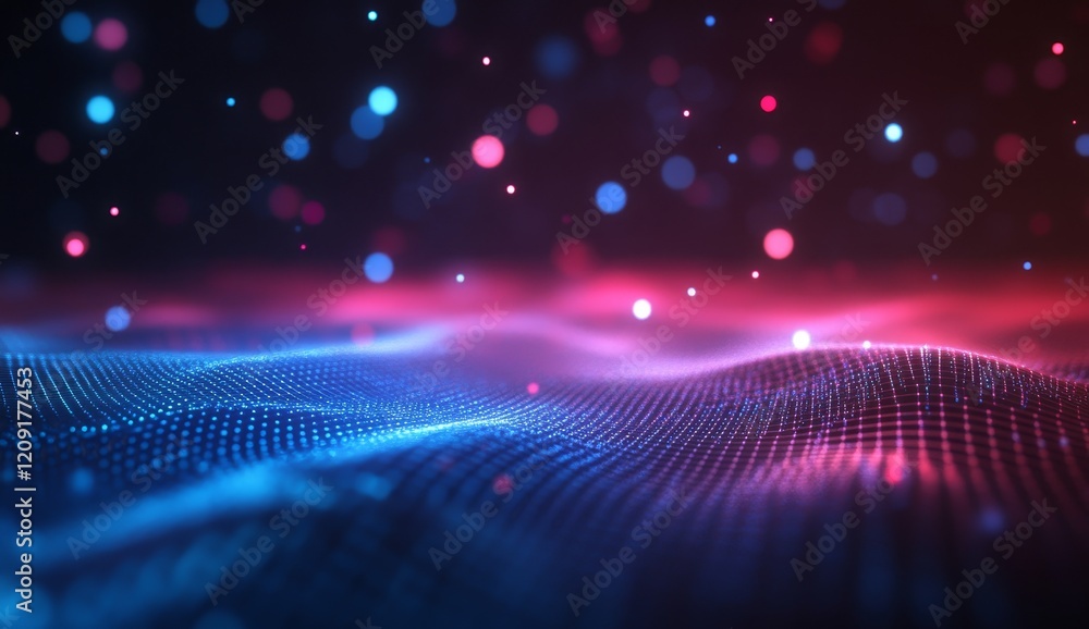 Poster Abstract digital wave with glowing particles and bokeh.