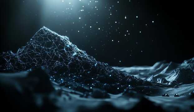 Abstract digital mountain range with glowing nodes and lines.