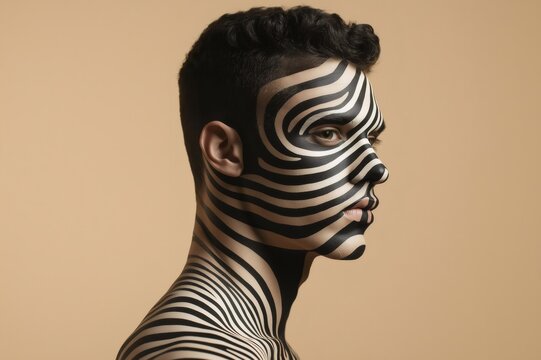 Profile of a male model with zebra stripes body painting creating an optical illusion on a beige background