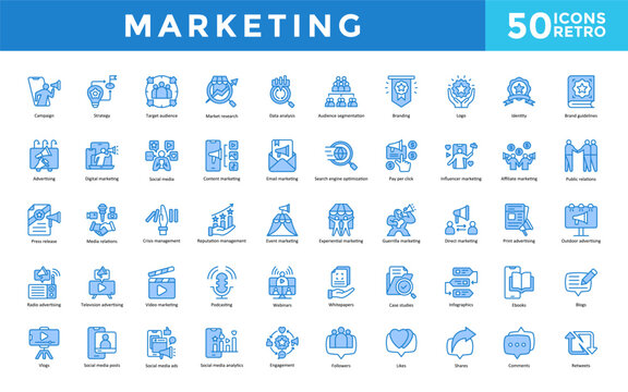 Marketing icon set with campaign, strategy, target audience, market research, data analysis, audience segmentation, branding, logo, identity, brand guidelines icon. Simple retro vector 
