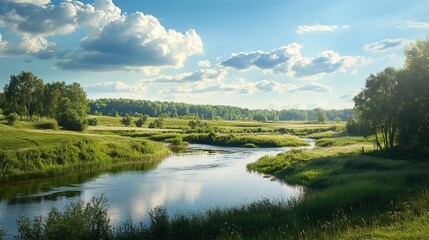 Landscape with the image of a russian summer river countryside