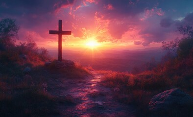 Fototapeta premium Sunset Cross on Rocky Peak - Jesus Christ Crucifixion