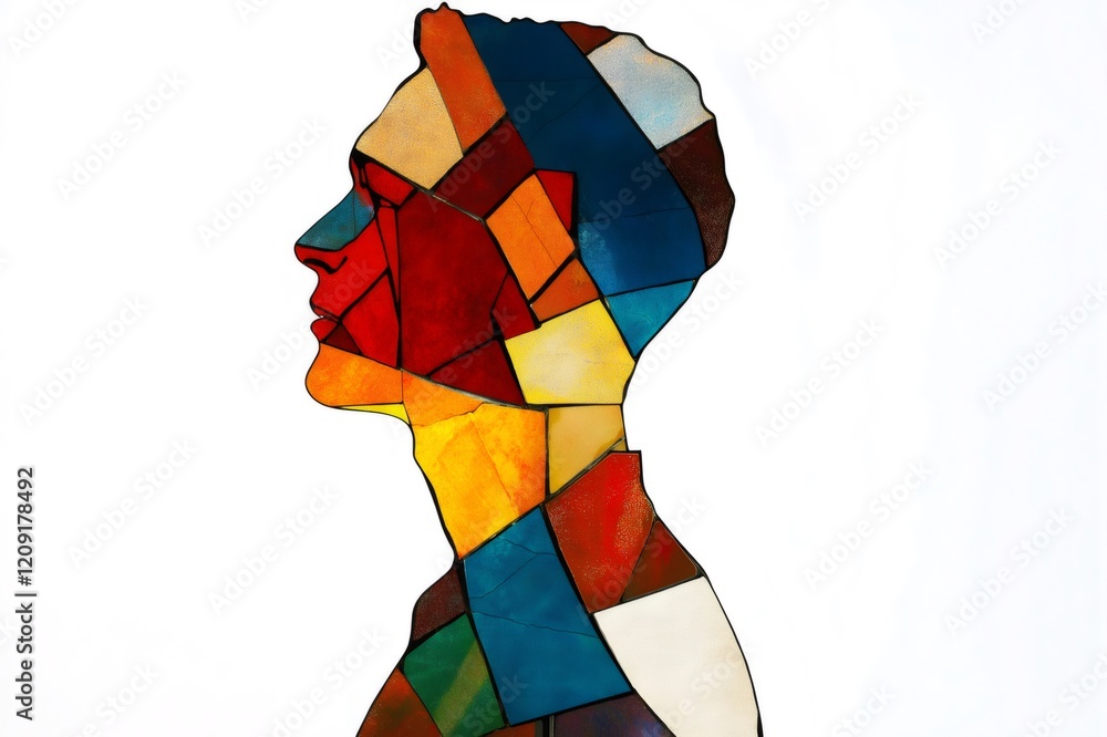 Poster side view portrait of a male figure created with an abstract mosaic pattern of colorful geometric sh