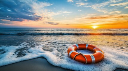 Obraz premium Life preserver on beach during sunset