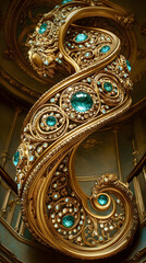 Obraz premium Intricate golden spiral staircase railing adorned with turquoise gems and ornate detailing in a grand architectural setting