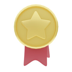 3d illustration of Gold star coins with red ribbon badge for icons and symbols.3d render.