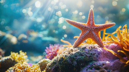 A vibrant starfish rests on colorful coral in a sunlit underwater scene, showcasing the beauty and diversity of marine life in its natural habitat.