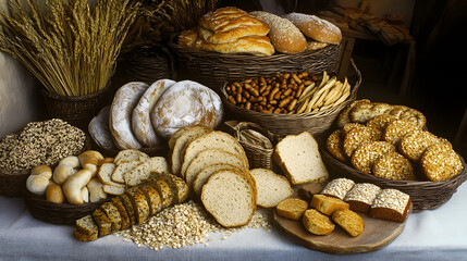 table full of various gluten free breads and baked goods, including loaves, rolls, and pastries, displayed wicker baskets. assortment showcases variety of textures and grains, ideal for gluten