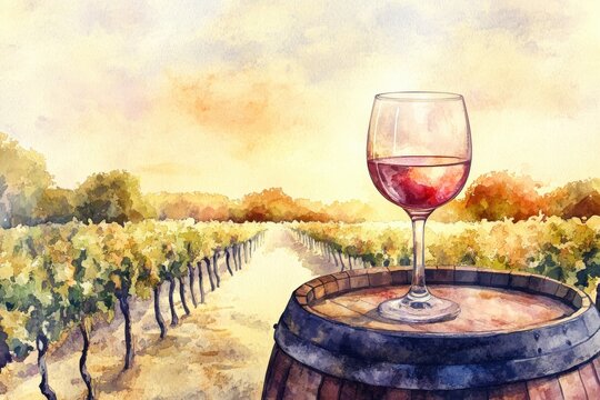 A captivating watercolor illustration of a wine glass resting on a barrel, surrounded by picturesque vineyards under a sunset sky.
