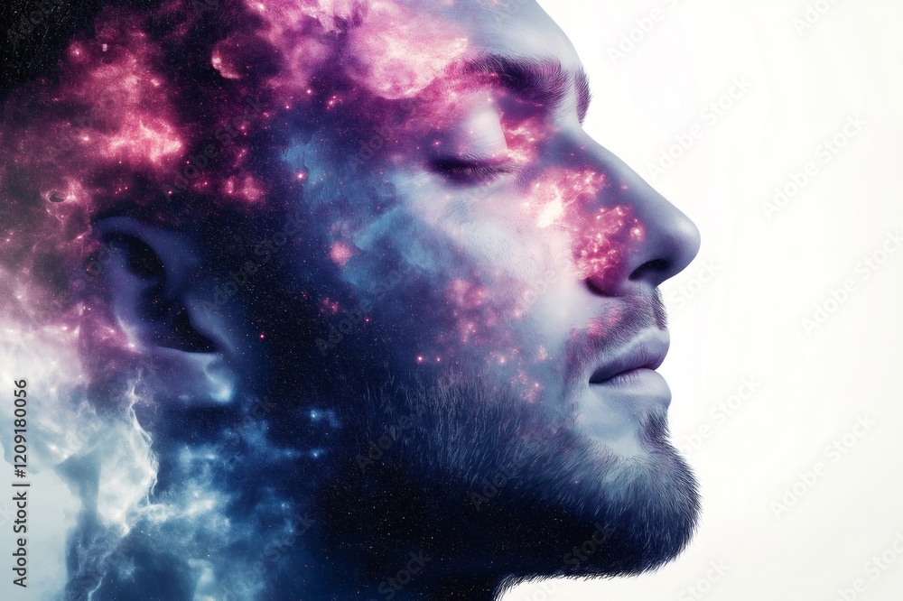 Poster profile of a man with closed eyes merging with a colorful nebula and stars, creating a cosmic and dr