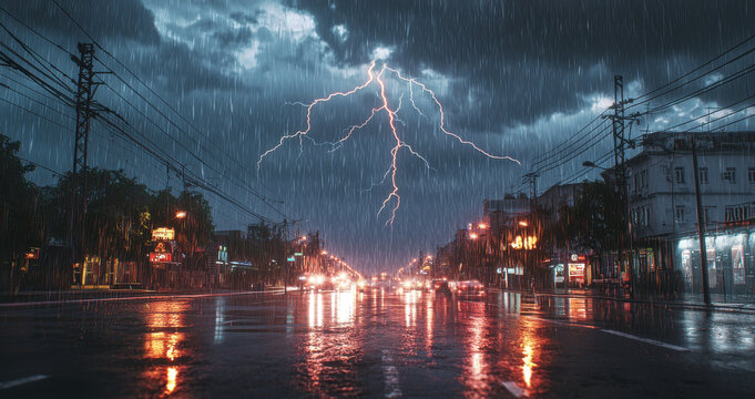 An intense storm with heavy rain and lightning lights up a city street, showcasing the raw power of nature and its effects on urban life.