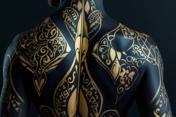 Close up of intricate golden body painting inspired by Middle Eastern patterns, adorning a man's back against a dark background