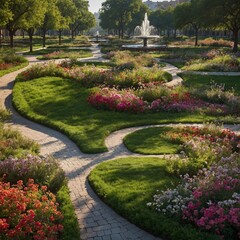 Obraz premium A sprawling urban park with winding paths, sparkling fountains, and blooming flowers.