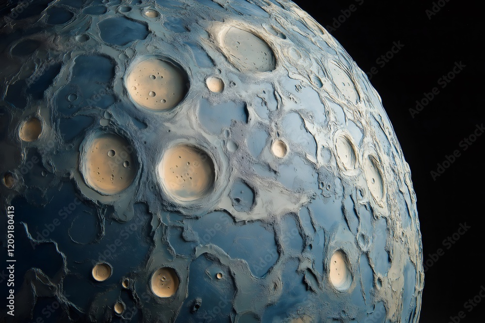 Poster close up of a spherical model showcasing the moon's surface, highlighting its intricate craters and 