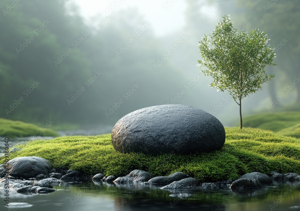 Poster stone display podium with meadow and flower background 3d rendering
