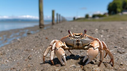 Coastal crab on sandy beach near wooden posts, ocean background