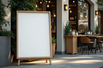 White paper poster mockup displayed outside the building restaurant. Marketing and business concept.
