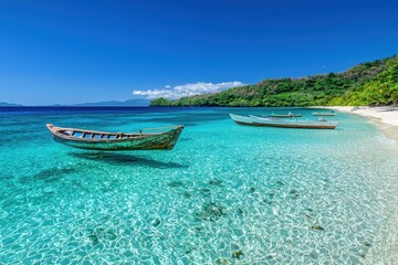 Naklejka premium Serene beach scene with clear turquoise waters and wooden boats gently anchored under a bright blue sky, surrounded by lush greenery.