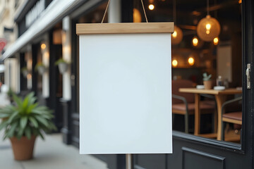 White paper poster mockup displayed outside the building restaurant. Marketing and business concept.