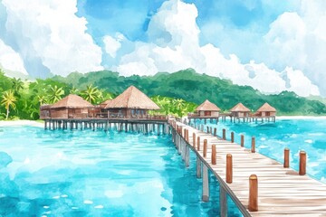 Obraz premium A serene tropical landscape featuring water bungalows overlooking a crystal-clear lagoon, with a wooden pier leading to paradise. Vibrant sky and greenery.