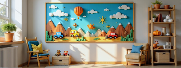 Vibrant adventure-themed playroom with cheerful decor, child-friendly design