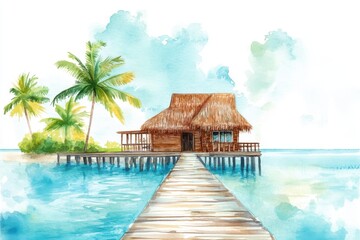 Fototapeta premium A serene tropical scene featuring a wooden hut on stilts surrounded by palm trees, inviting clear blue waters, and a peaceful atmosphere for relaxation.