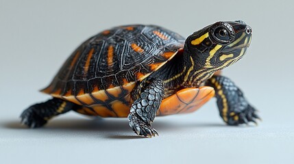 Obraz premium Tiny turtle walking slowly on a white background its shell patterns clear and vivid