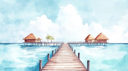Obraz premium A serene watercolor depiction of a wooden pier extending into calm turquoise waters, leading to tropical huts under softly clouded skies.