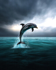 Obraz premium A stunning dolphin leaps gracefully from the turquoise ocean, set against a dramatic sky filled with dark clouds, illustrating the beauty and agility of marine life.