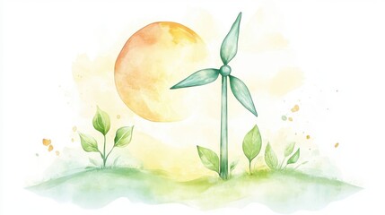 A serene watercolor illustration of a wind turbine surrounded by leaves and a glowing sun, symbolizing sustainable energy and nature's harmony.