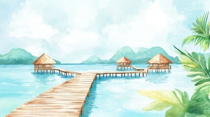 Obraz premium A serene watercolor scene depicting wooden huts on stilts over calm waters, surrounded by lush greenery and rolling mountains under a cloudy sky.