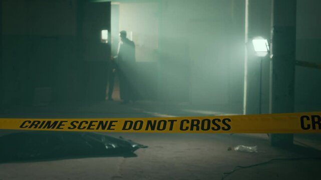 Wide low-key shot of crime scene yellow barricade in foreground and two police detectives entering dark abandoned building, approaching lying dead body under black bag