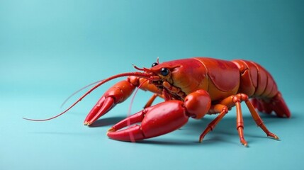A vibrant red crawfish, showcasing intricate details of its shell and powerful claws, is positioned against a serene light-blue backdrop.