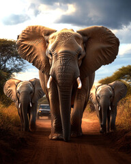 Obraz premium Three elephants, led by a majestic matriarch, walk along a dusty road, exuding strength and grace while a vehicle observes from a safe distance amidst a stunning landscape.