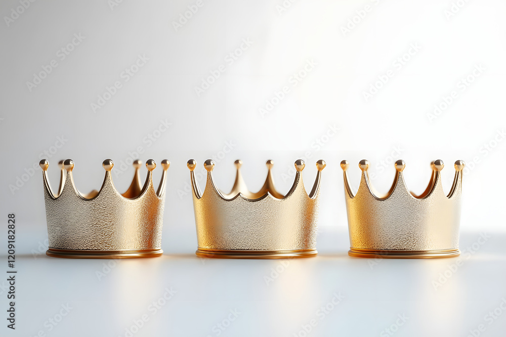 Poster minimalistic three small crowns in row each in shimmering gold positioned on white surface for three