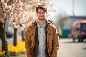 Fototapeta premium A man wearing a brown jacket stands in front of a tree with pink blossoms